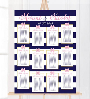 Plan de table Mariage "Bleu foncé & Rose" personnalisé