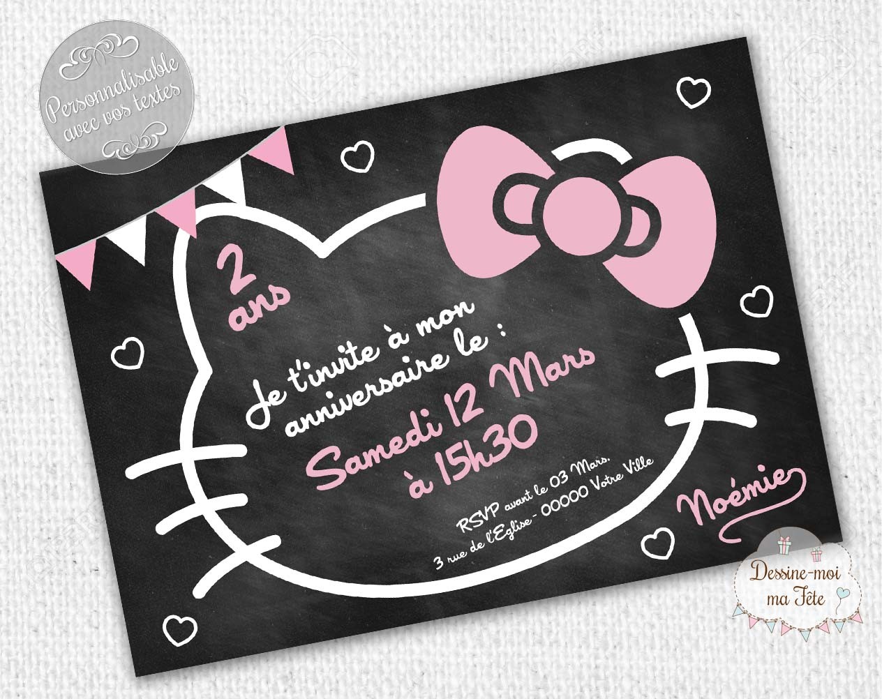 Invitation Anniversaire Hello Kitty Ardoise Personnalisee