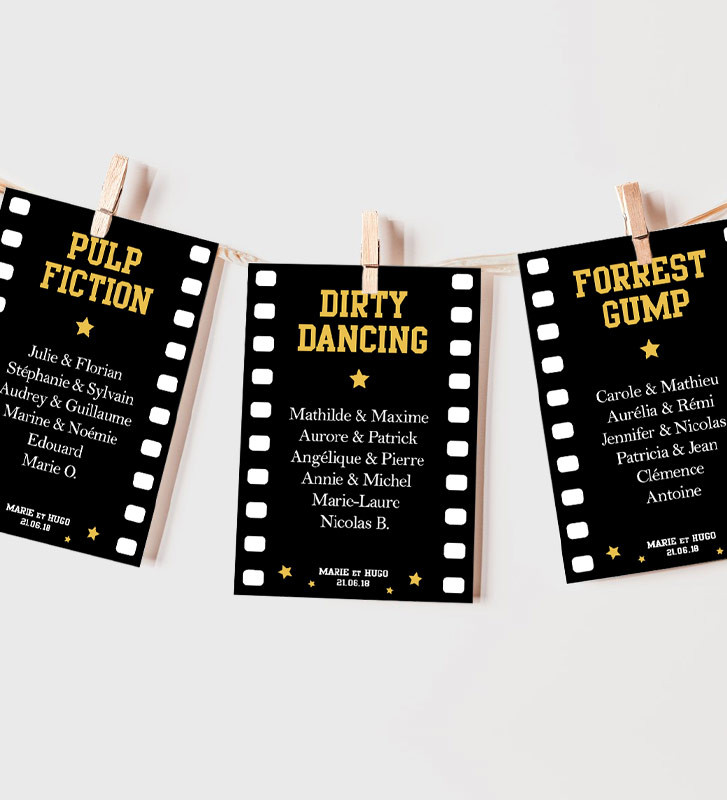 Carte pour Plan de table Mariage Cinéma / Bobine de film Option  personnalisation des invités Sans (vous écrirez vous-même les noms des  invités en