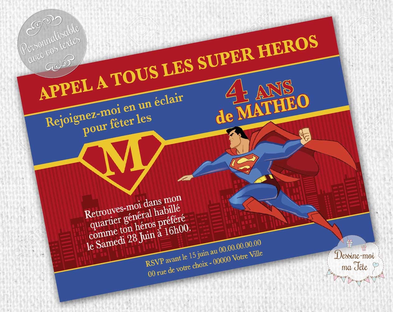 Invitation Anniversaire Theme Superman Super Heros Personnalisee