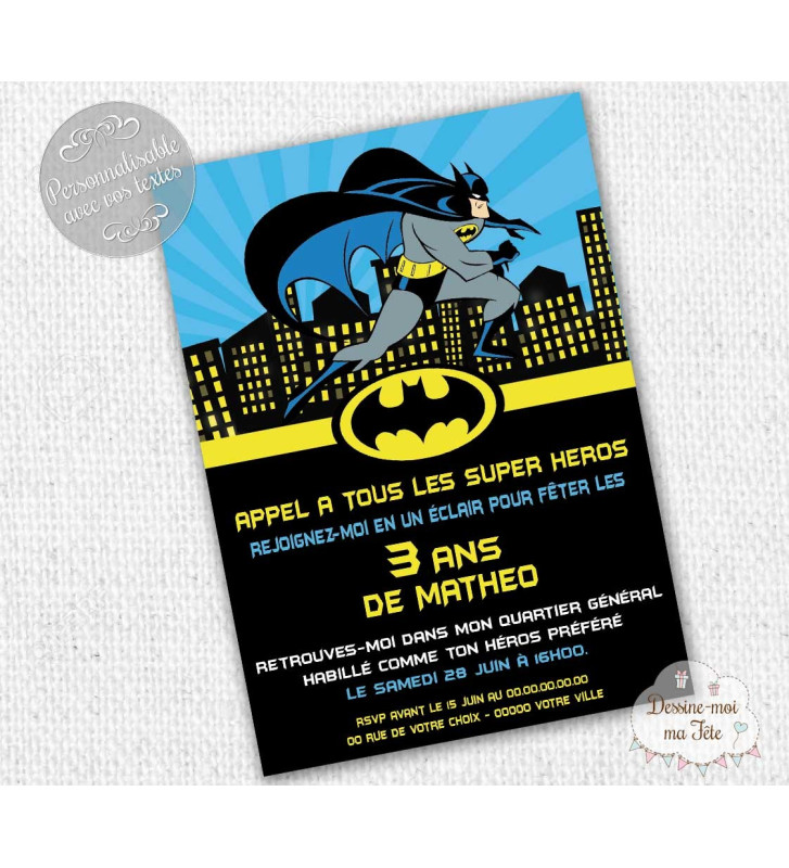 Invitation anniversaire thème Batman / Super Héros personnalisée