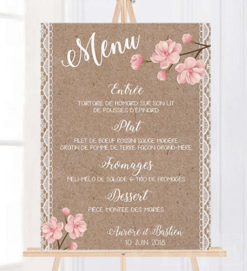 Tableau Menu Mariage "bohème" personnalisé