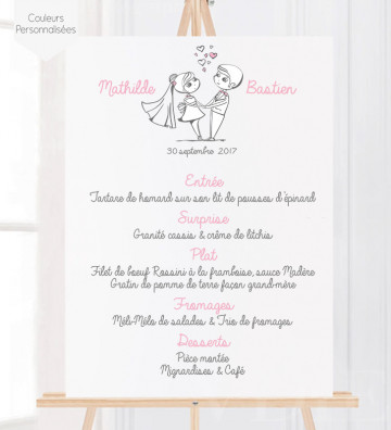 Tableau Menu Mariage " Couple mariés - fond blanc" personnalisé