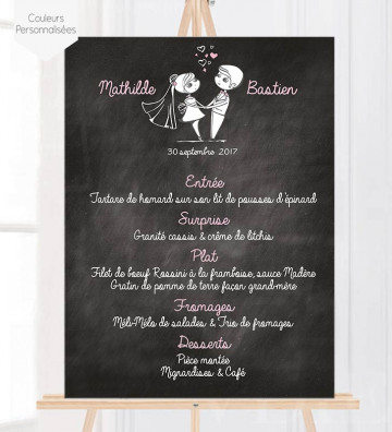 Tableau Menu Mariage " Couple mariés Ardoise" personnalisé