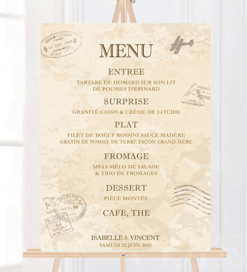 Tableau Menu Mariage "Voyage vintage" personnalisé