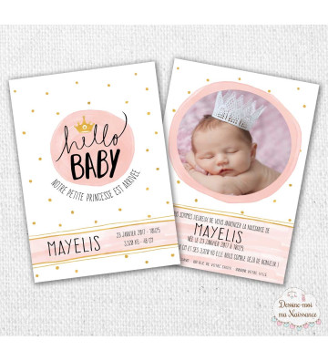 Faire part de naissance fille - Aquarelle princesse