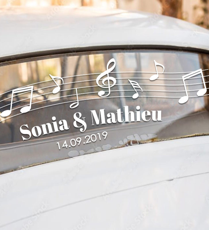 Sticker pour voiture des mariés - thème Musique
