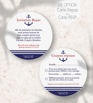 Carte supplémentaire (en option) pour Faire part de Mariage rond - marin / mer