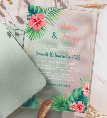 Faire part de Mariage plexi givré - Tropical fleurs