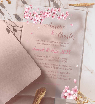 Faire part de Mariage plexi givré - Fleurs de cerisiers