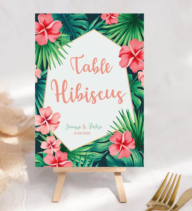 Marque-table mariage personnalisé -  Fleurs exotiques, tropicales