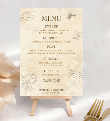 Menu sur Chevalet "Voyage vintage" personnalisé