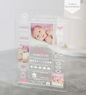 Faire part de Naissance plexi acrylique - Certificat naissance Fille