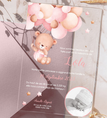 Faire part de Naissance plexi acrylique - Ourson Fille