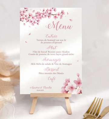 Menu sur Chevalet mariage - Fleurs de cerisiers