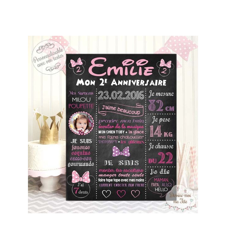 Affiche / Tableau d'anniversaire personnalisé Minnie Ardoise Format  tableau 20 x 30 cm Support tableau Papier couché 250g (support non rigide)