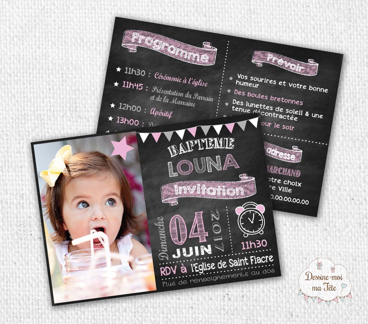 Invitation Bapteme Ardoise Personnalisee Avec Photo Fille