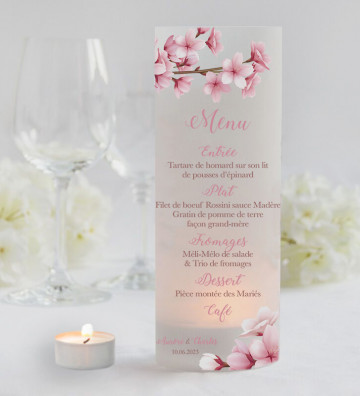 Photophores mariage Menu - Fleurs de cerisiers