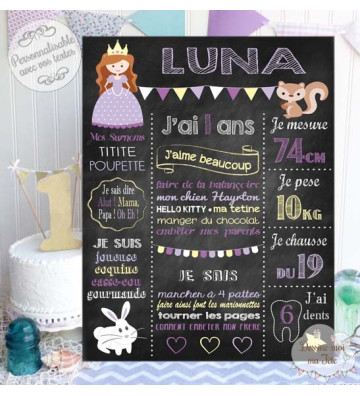 Affiche / Tableau Anniversaire personnalisé "Princesse Ardoise"