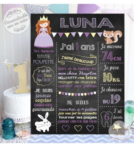 Affiche / Tableau Anniversaire personnalisé "Princesse Ardoise"