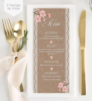 Menu de Mariage individuel - Bohème Romantique (allongé)