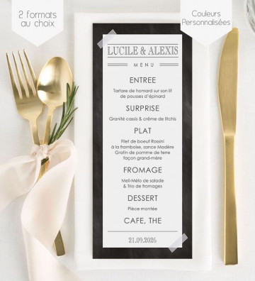 Menu de Mariage individuel - Black & White (allongé)