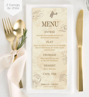 Menu de Mariage individuel - Voyage Vintage (allongé)