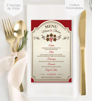 Menu de Mariage individuel - Vin Etiquette bouteille (A6)