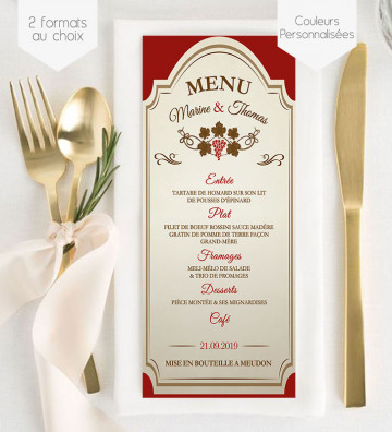 Menu de Mariage individuel - Vin Etiquette bouteille (allongé)