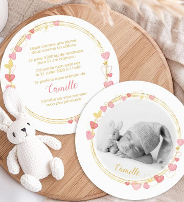 Faire part de naissance fille - couronne coeurs
