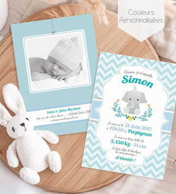Faire part de naissance Garçon - Eléphant