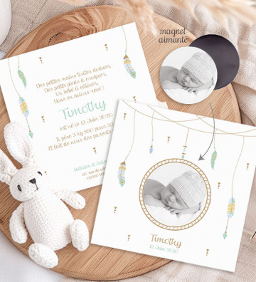 Faire part de naissance avec magnet aimanté Garçon - bohème