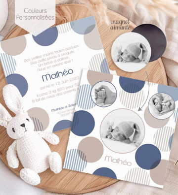 Faire part de naissance avec magnet aimanté Garçon - Bulles