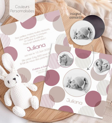 Faire part de naissance avec magnet aimanté fille - Bulles