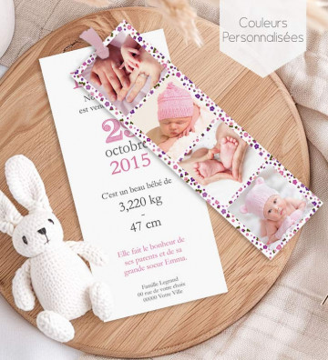 Faire part de naissance Fille - marque page Liberty