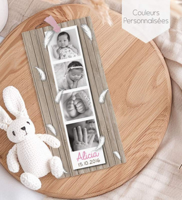Faire part de naissance fille - marque page - Polaroïd bois (fermé)