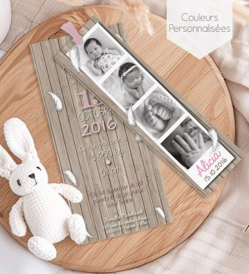 Faire part de naissance fille - marque page - Polaroïd bois