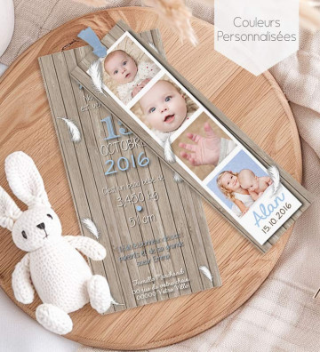 Faire part de naissance Garçon - marque page - Polaroïd bois