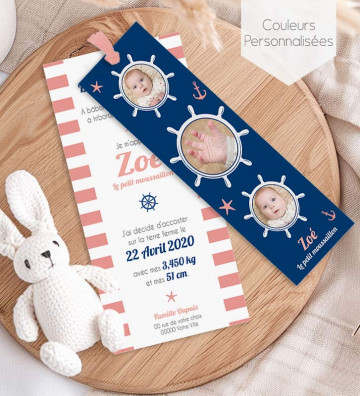 Faire part de naissance Fille - marque page - Marin