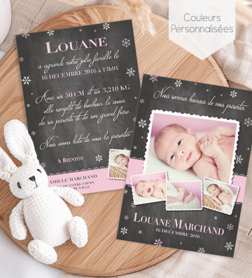 Faire part de naissance fille - ardoise flocons