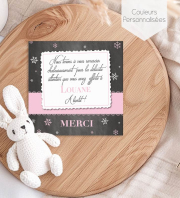 Carte Remerciement de naissance fille - ardoise flocons