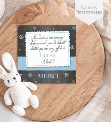 Carte remerciement naissance garçon - ardoise flocons