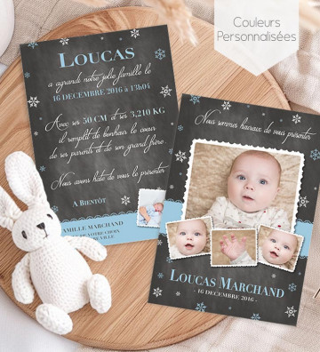 Faire part de naissance garçon - ardoise flocons