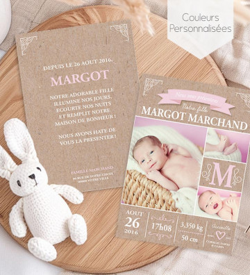Faire part de naissance fille - Rétro kraft