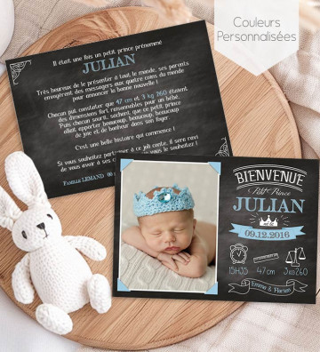 Faire part de naissance garçon - Prince ardoise