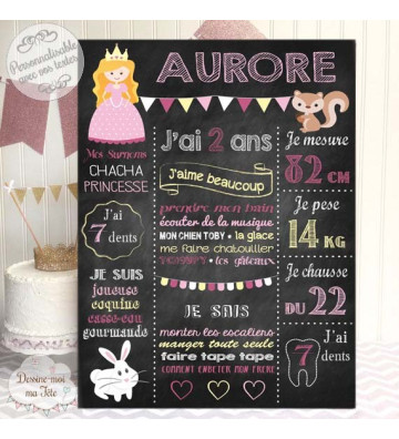 Affiche / Tableau Anniversaire personnalisé "Princesse Ardoise rose"