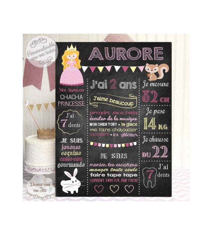 Affiche / Tableau Anniversaire personnalisé "Princesse Ardoise rose"