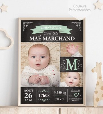 Tableau de Naissance personnalisé - cadeau de naissance - fille ou garçon Vintage Ardoise