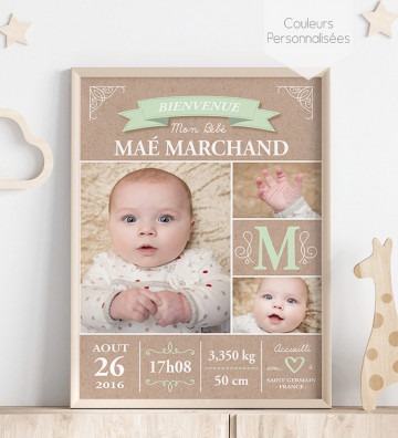 Tableau de Naissance personnalisé - cadeau de naissance - fille ou garçon Vintage kraft