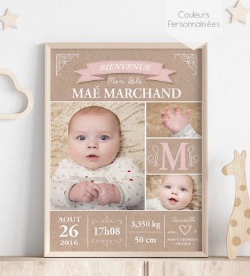 Tableau de Naissance personnalisé - cadeau de naissance - fille ou garçon Vintage kraft